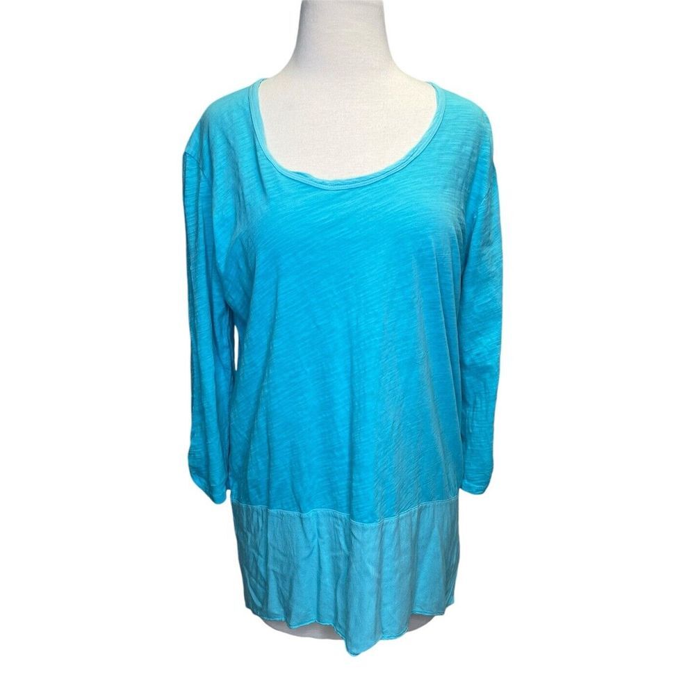 Fresh Produce Tunic Top Large‎ Turquoise Blue Button Back Gather Tab Sleeve